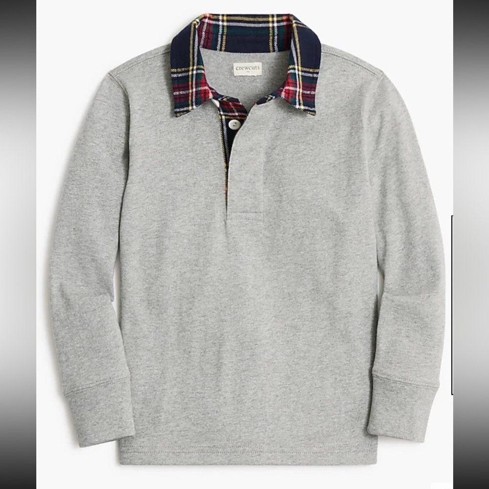 Crewcuts Gray Long sleeve Cotton Polo w/ Tartan Plaid Flannel Collar. Size Small